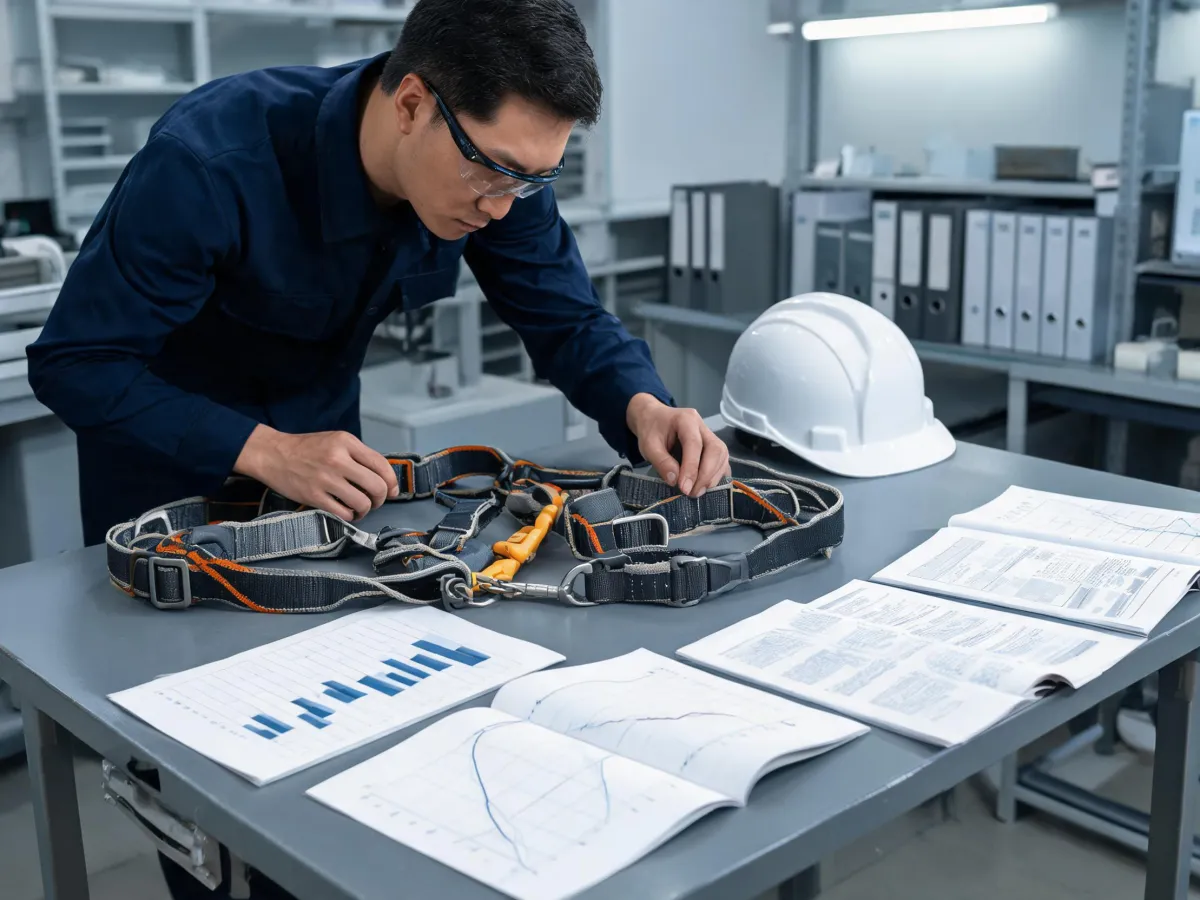 PPE engineer reviewing harness and helmet standards